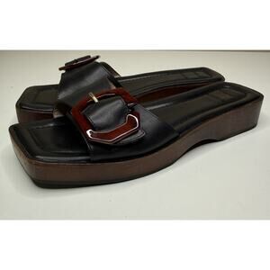 Louise et Cie Elara Slide Womens 9.5M Black Leather Wood Platform Buckle Strap